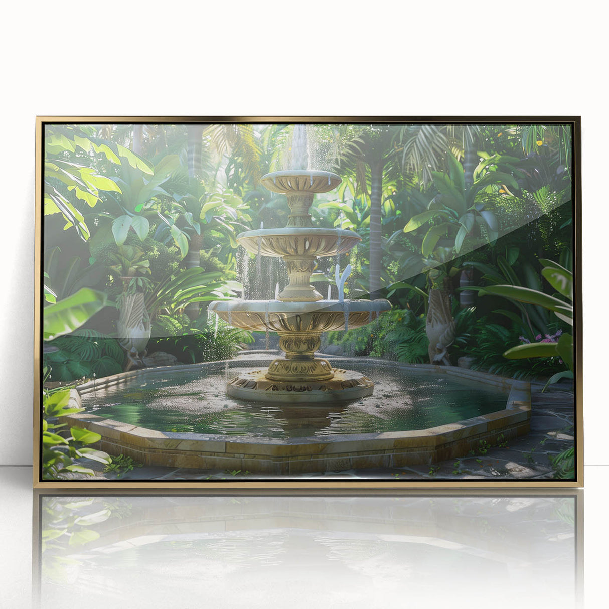 Mid-century modernist acrylic print of an architectural fountain design in gold tones, ideal for modern art wall decor.