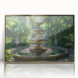 Mid-century modernist acrylic print of an architectural fountain design in gold tones, ideal for modern art wall decor.