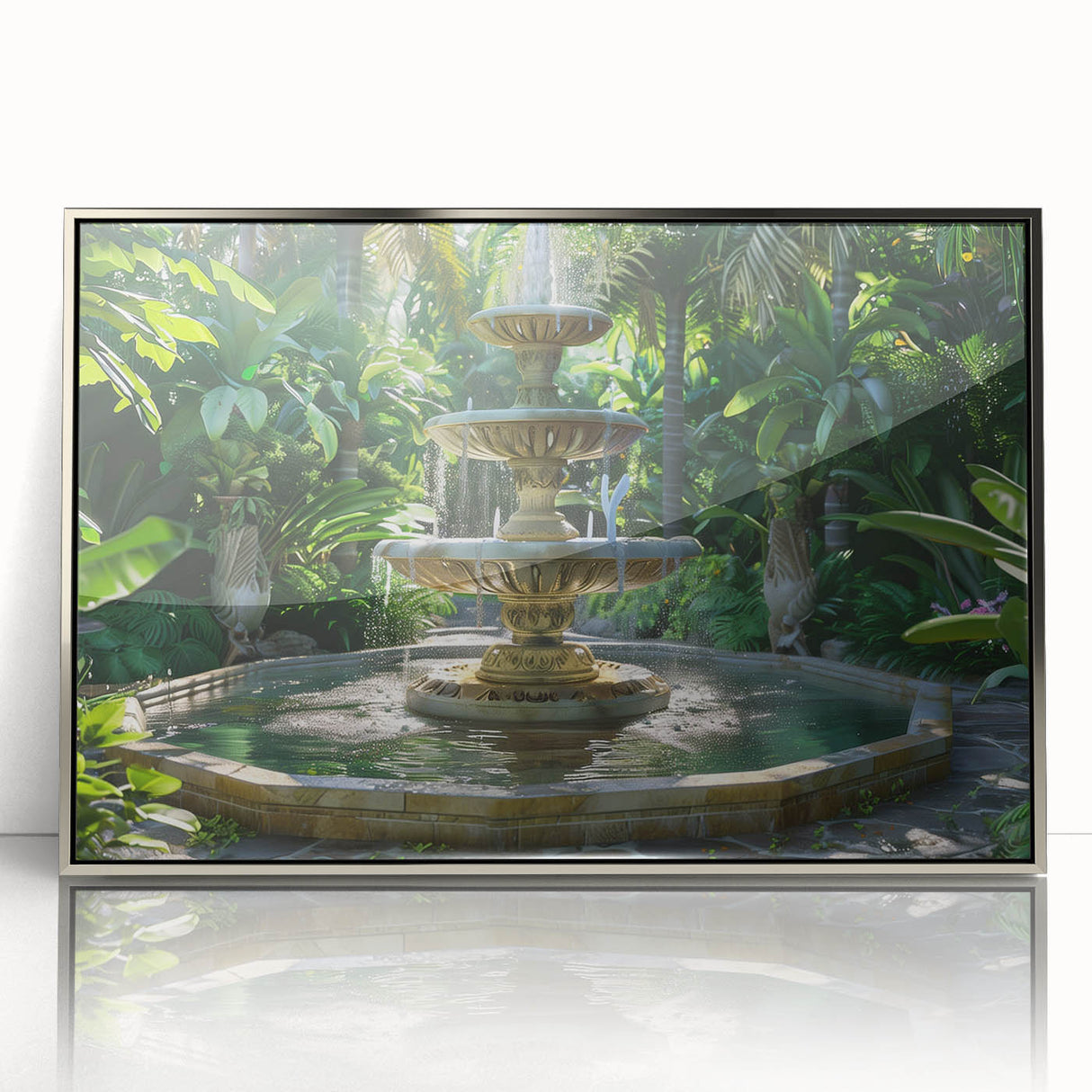 Mid-century modernist art featuring an abstract fountain design in silver and blue hues on a framed acrylic panel.