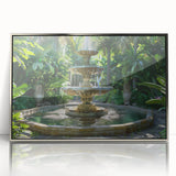 Mid-century modernist art featuring an abstract fountain design in silver and blue hues on a framed acrylic panel.