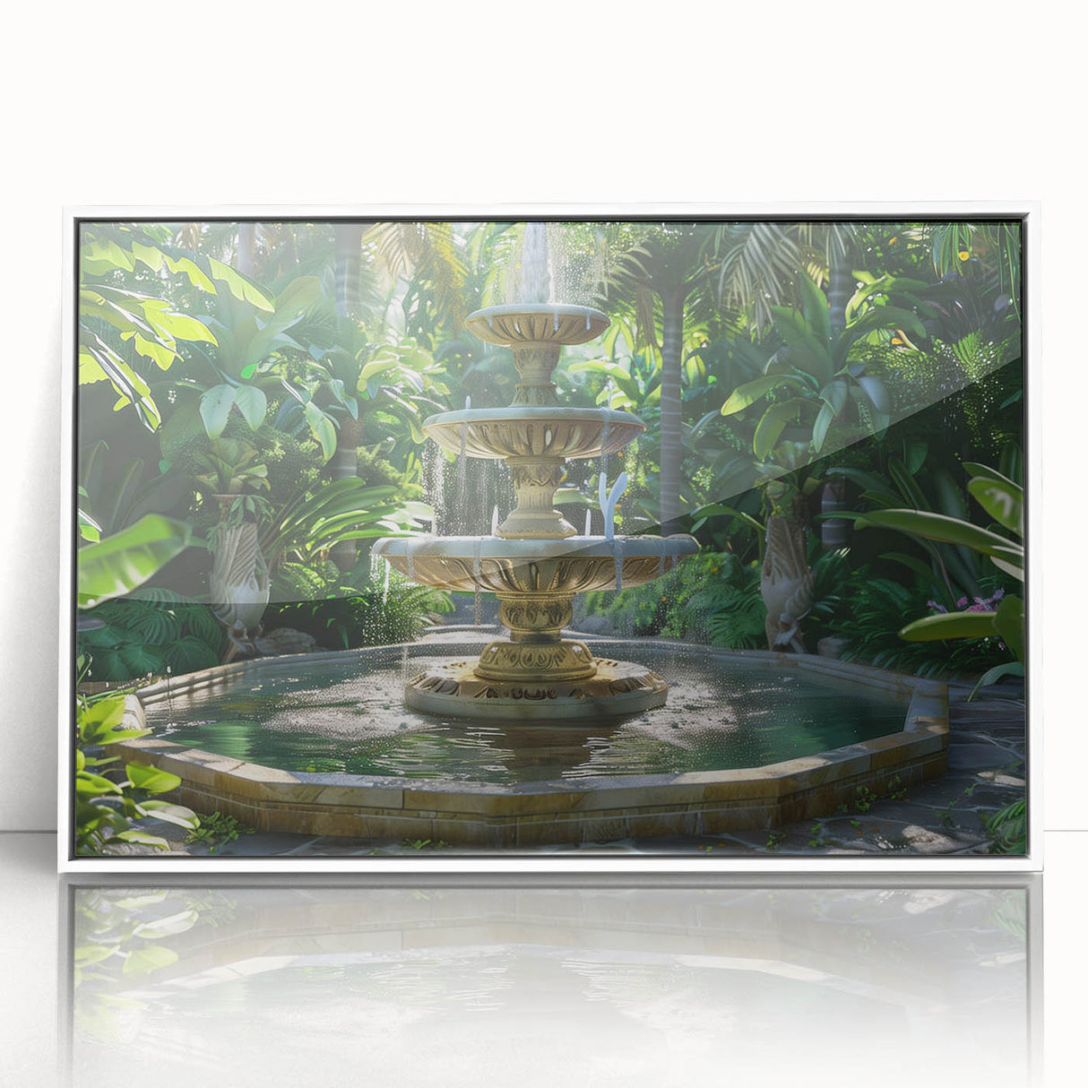Art deco poster of a geometric fountain design in muted gray and blue tones, acrylic print framed in white.