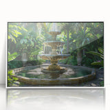 Art deco poster of a geometric fountain design in muted gray and blue tones, acrylic print framed in white.