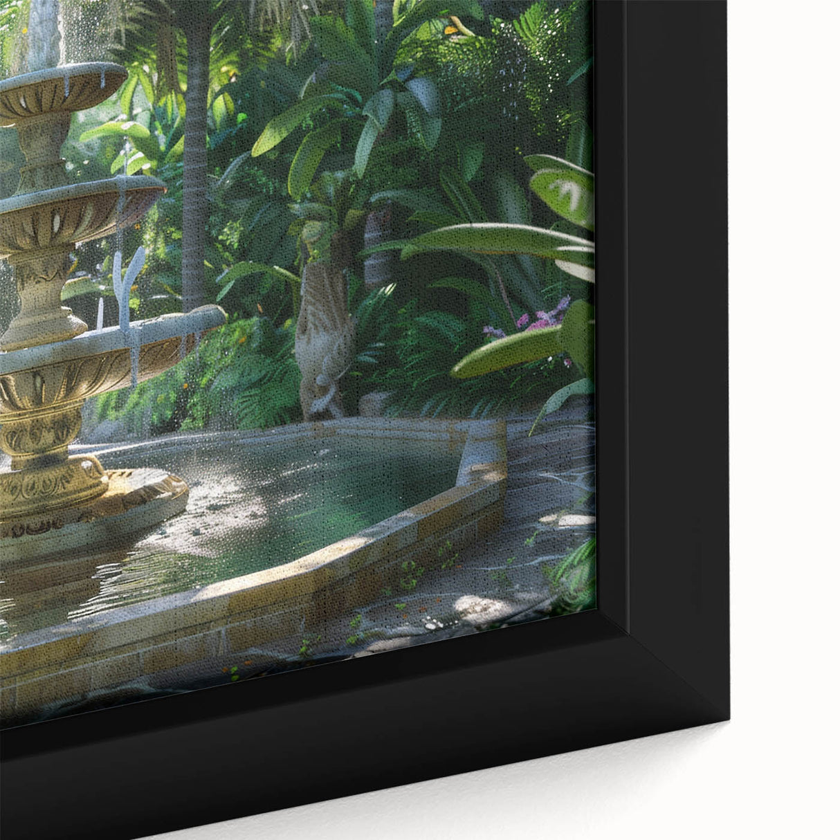 Close-up of a black framed canvas featuring a textured depiction of a colorful, abstract fountain design.