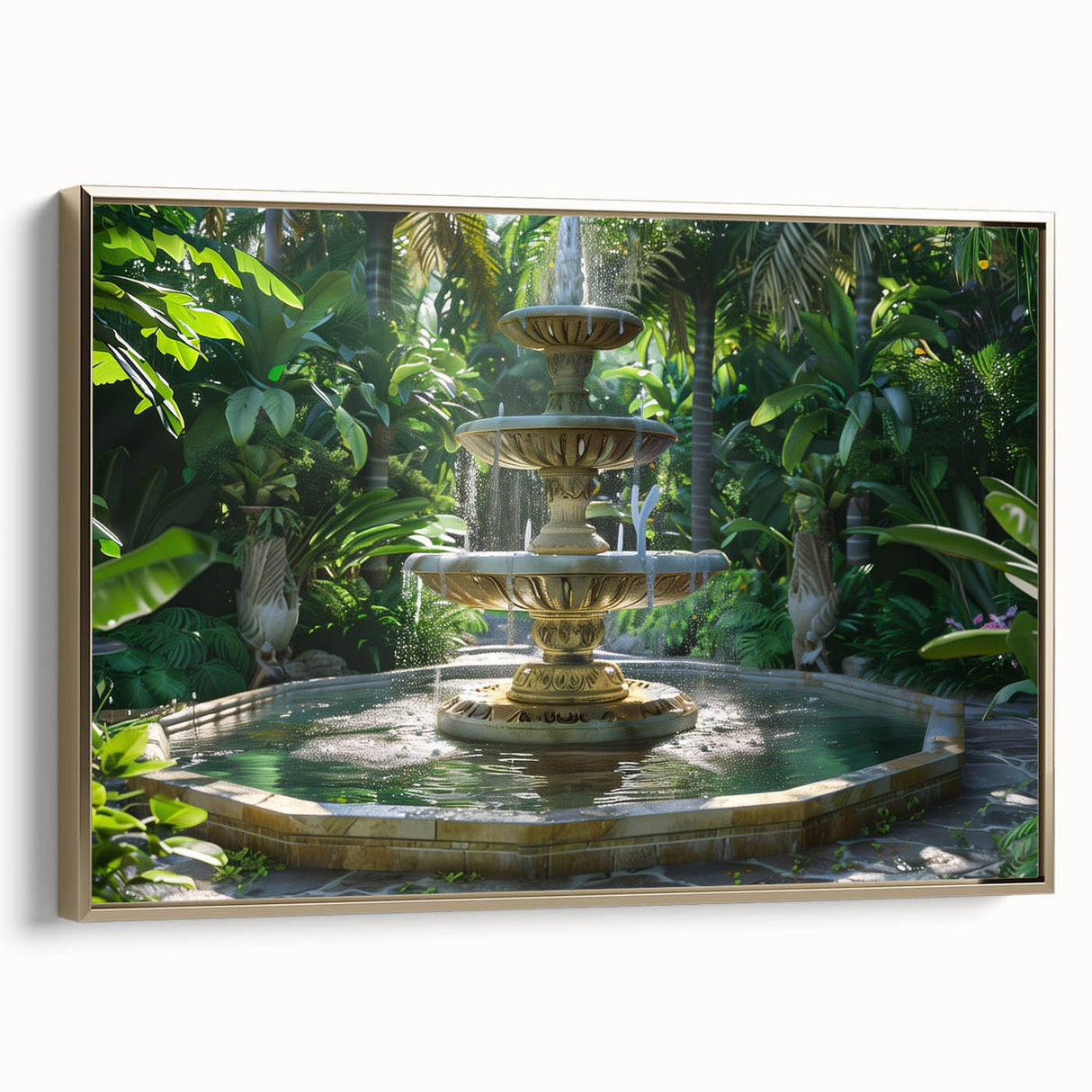 Framed canvas featuring a vintage landscape painting with a fountain, in muted gold and black tones.