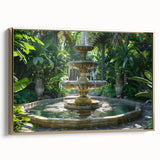 Framed canvas featuring a vintage landscape painting with a fountain, in muted gold and black tones.