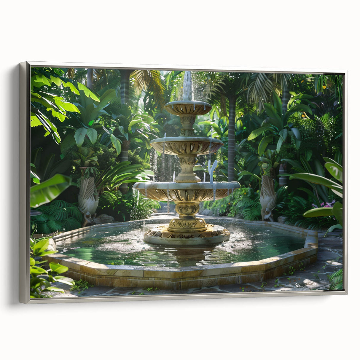 Framed canvas featuring a vintage landscape painting with a fountain design in muted black and colorful art accents.