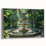 Framed canvas featuring a vintage landscape painting with a fountain design in muted black and colorful art accents.