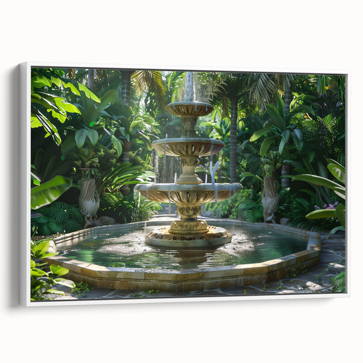 Vintage poster art of a classical fountain design in vibrant colors on a large framed canvas, suitable for living room decor.
