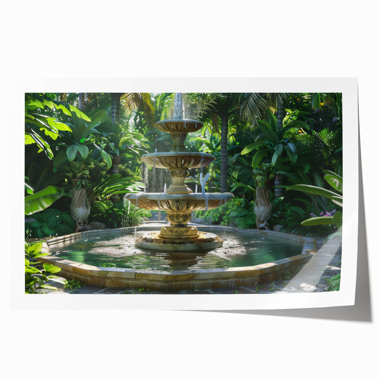 Extra large rolled print of a classical fountain design with floral elements, suited for art wall dining room or bathroom.