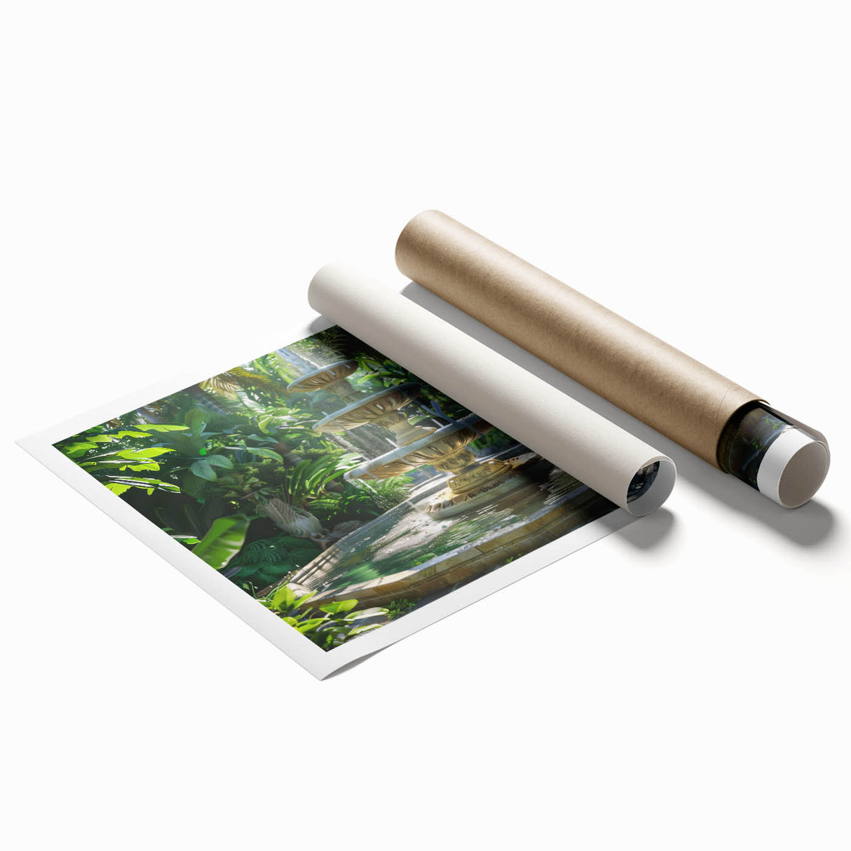 Extra large rolled print of a floral fountain design in muted pastel shades, ideal for classy bathroom wall art.