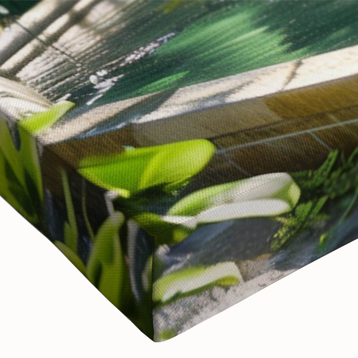Large art depicting a black and white landscape painting of a fountain design on stretched canvas.