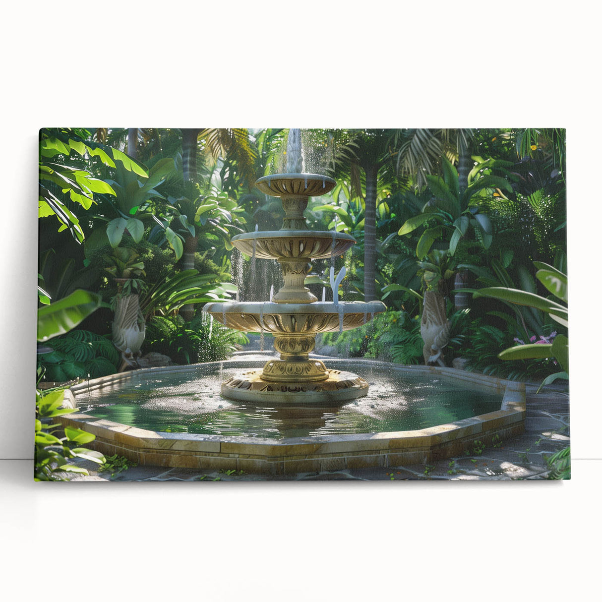 Large black and white stretched canvas featuring an architectural fountain design.