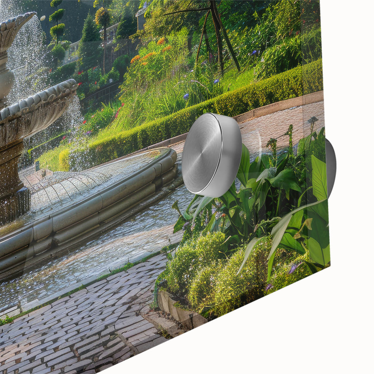 Large abstract wall art on acrylic glass featuring a mid-century modernist fountain design in muted colors.