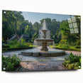 Large abstract wall art on acrylic glass featuring a fountain design in muted blue and gray tones.