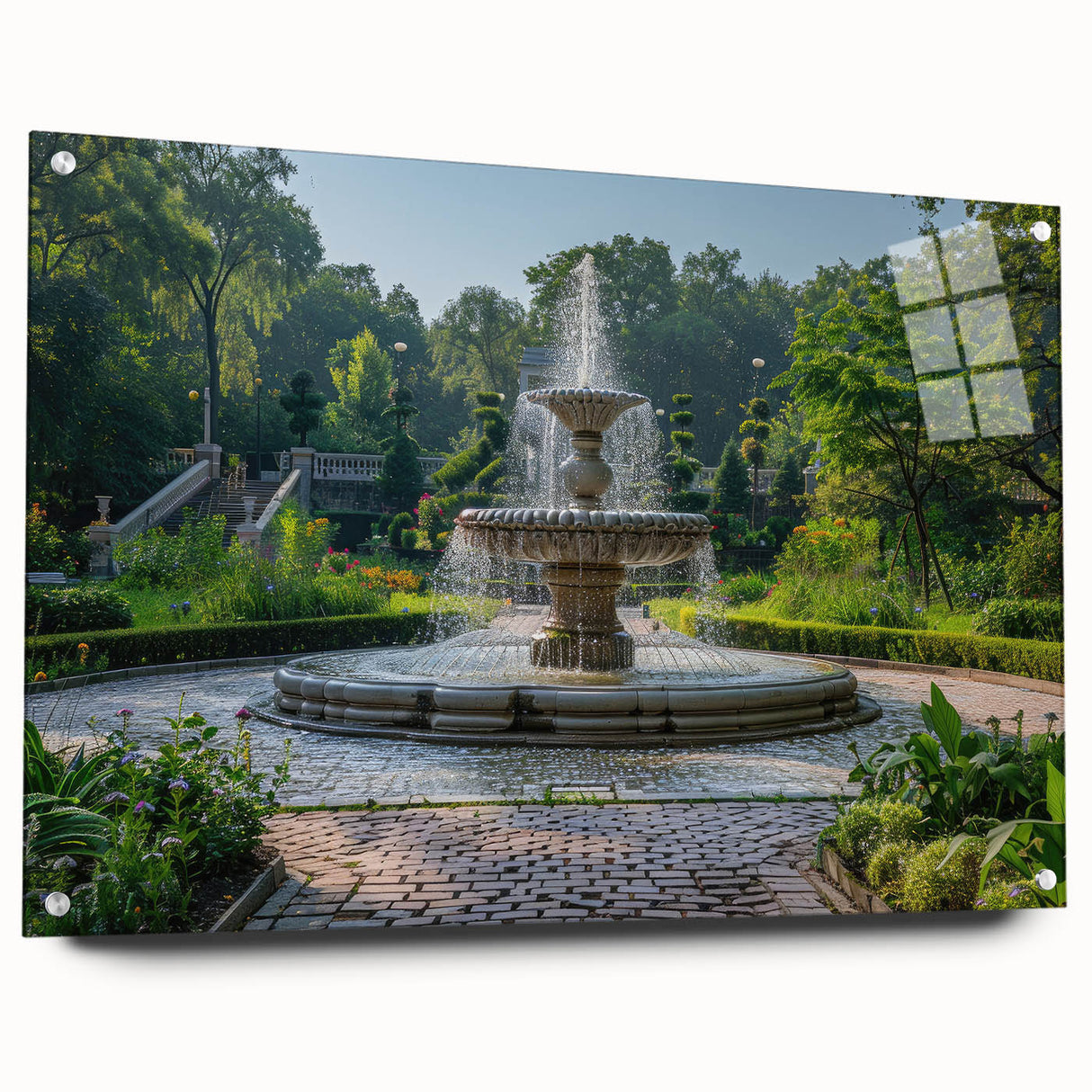 Large abstract wall art on acrylic glass featuring a fountain design in muted blue and gray tones.