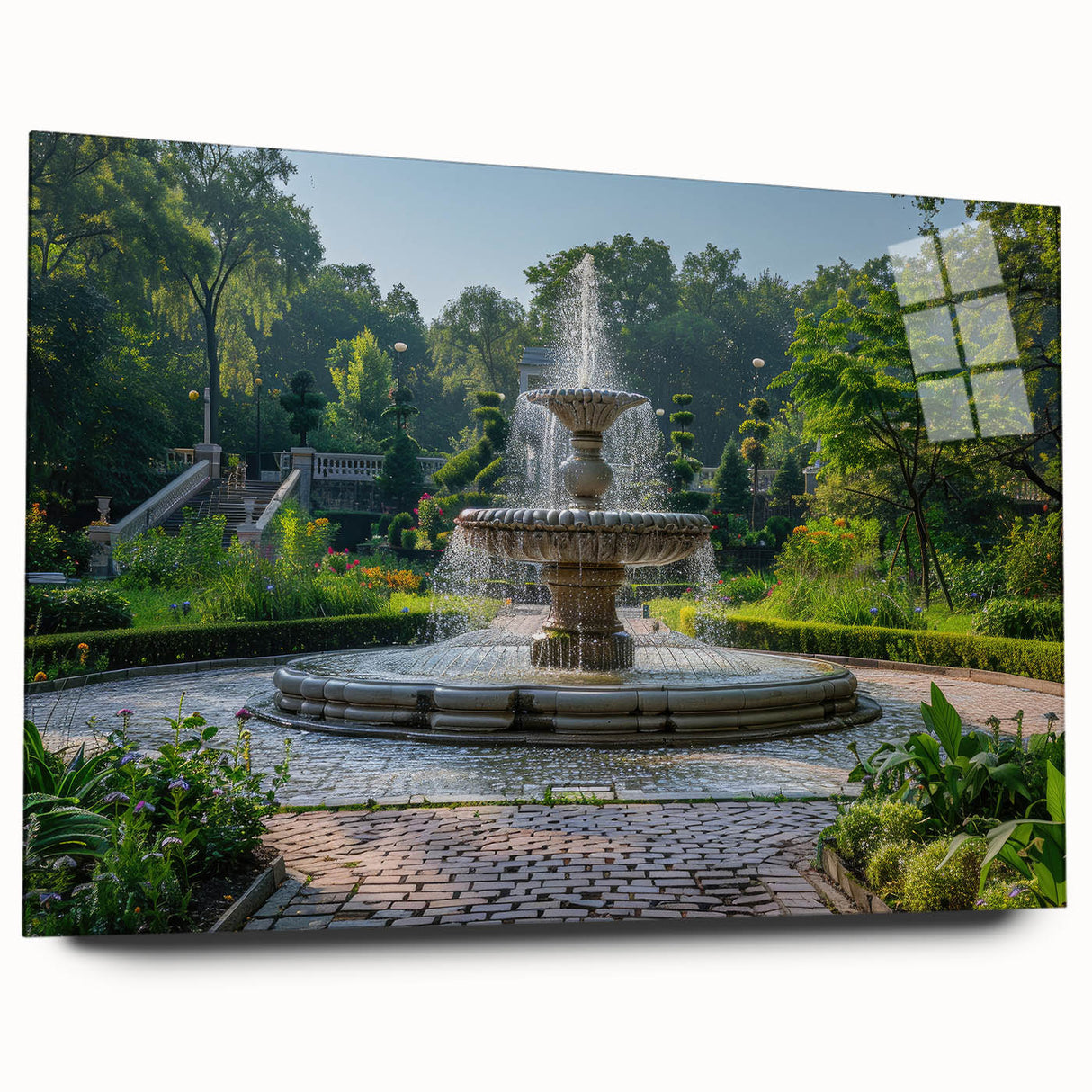 Large abstract wall art on acrylic glass depicting a fountain design in muted gray and blue tones.