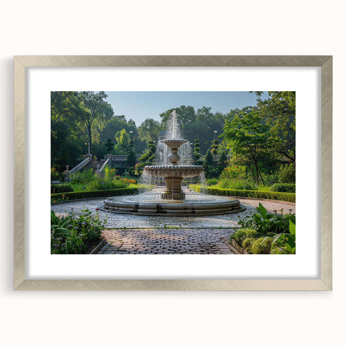 Textured abstract art print featuring a silver-framed fountain design with muted blue and gray tones, ideal for bedroom art.