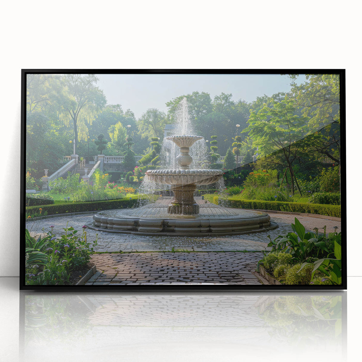 Large abstract wall art featuring a mid-century modernist fountain design in black and white, acrylic framed print.