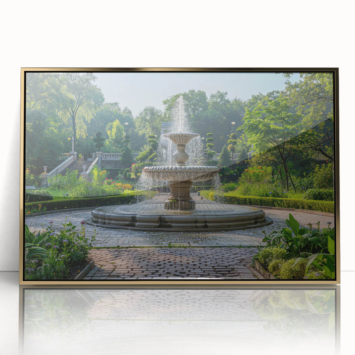 Mid-century modernist acrylic print of an architectural fountain design in gold tones, ideal for modern art wall decor.