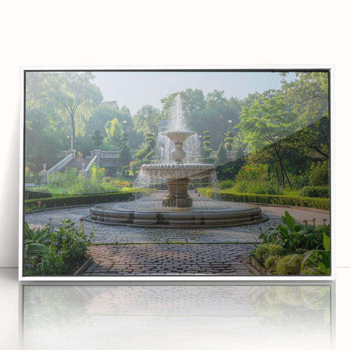 Art Deco poster featuring a geometric fountain design in muted gray, framed acrylic print ideal for nursery wall art.
