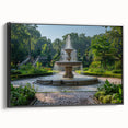 Black and white framed canvas featuring a vintage landscape with a fountain design, ideal for bedroom wall decor.