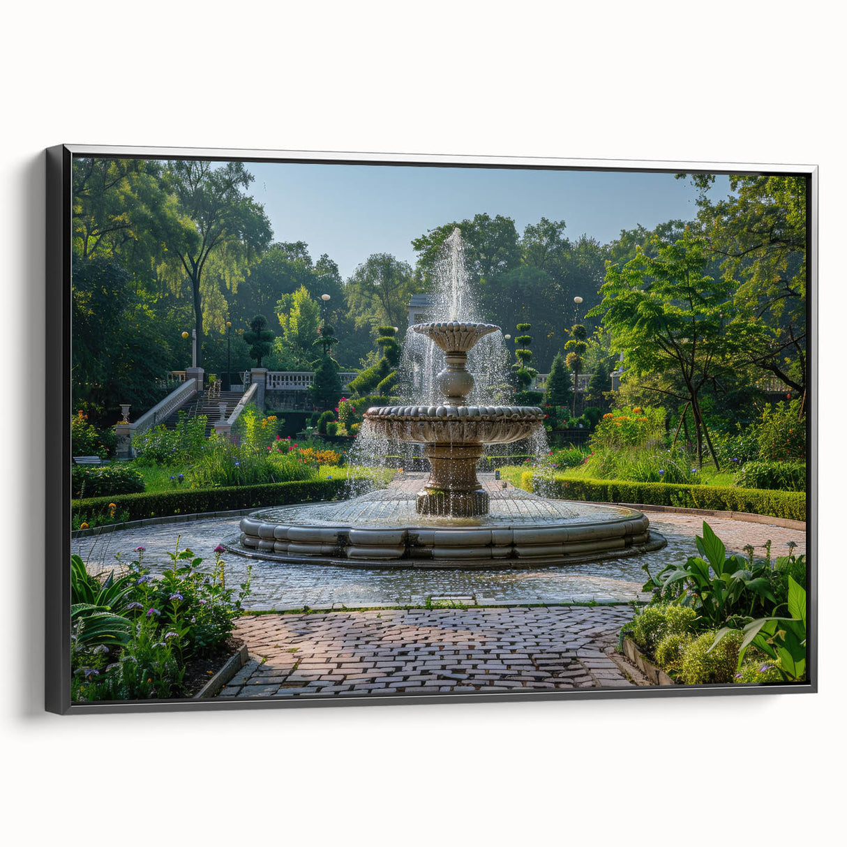 Black and white framed canvas featuring a vintage landscape with a fountain design, ideal for bedroom wall decor.