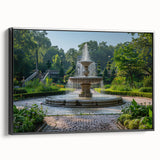 Black and white framed canvas featuring a vintage landscape with a fountain design, ideal for bedroom wall decor.