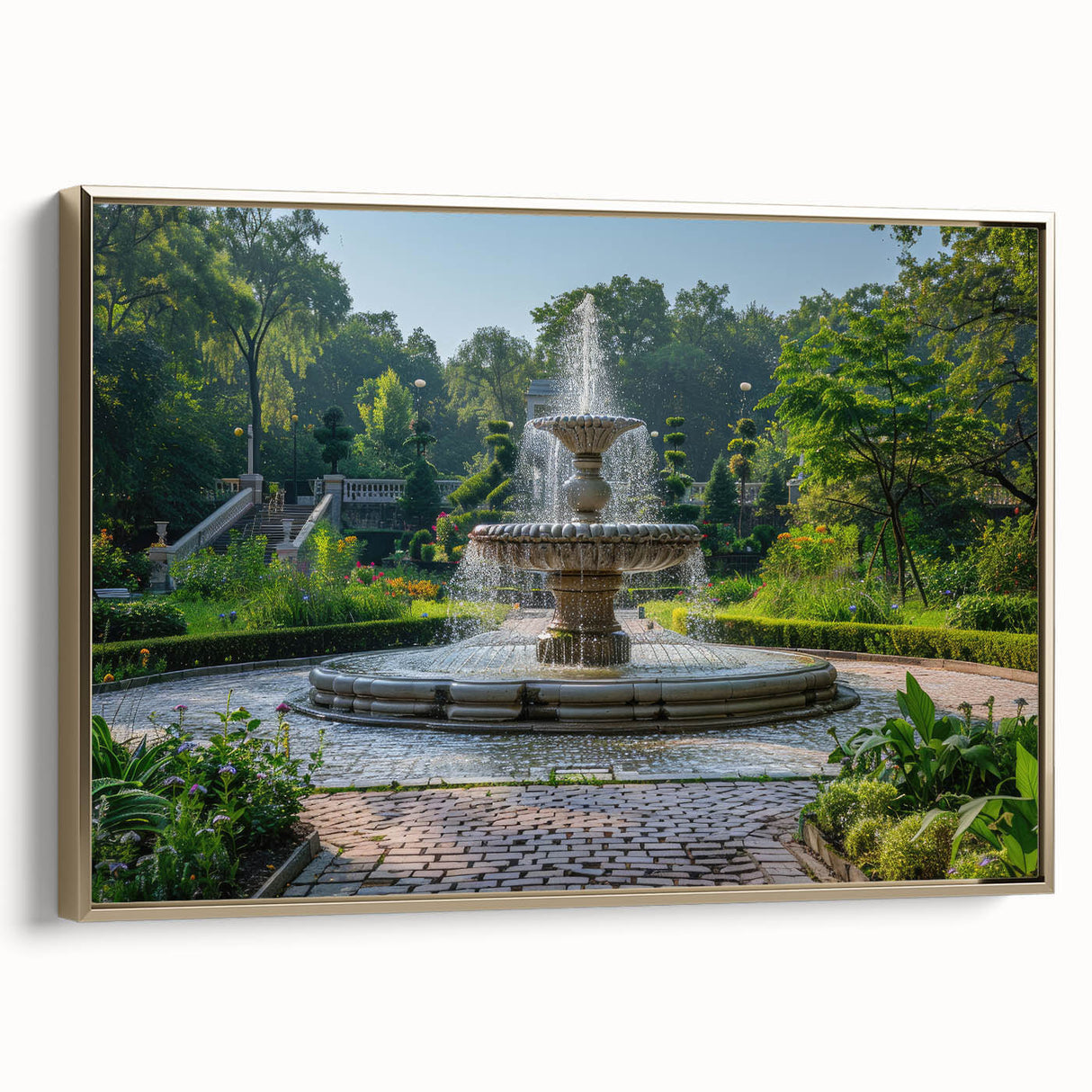 Framed canvas featuring a vintage poster of a landscape with a fountain, in muted gold and black tones.