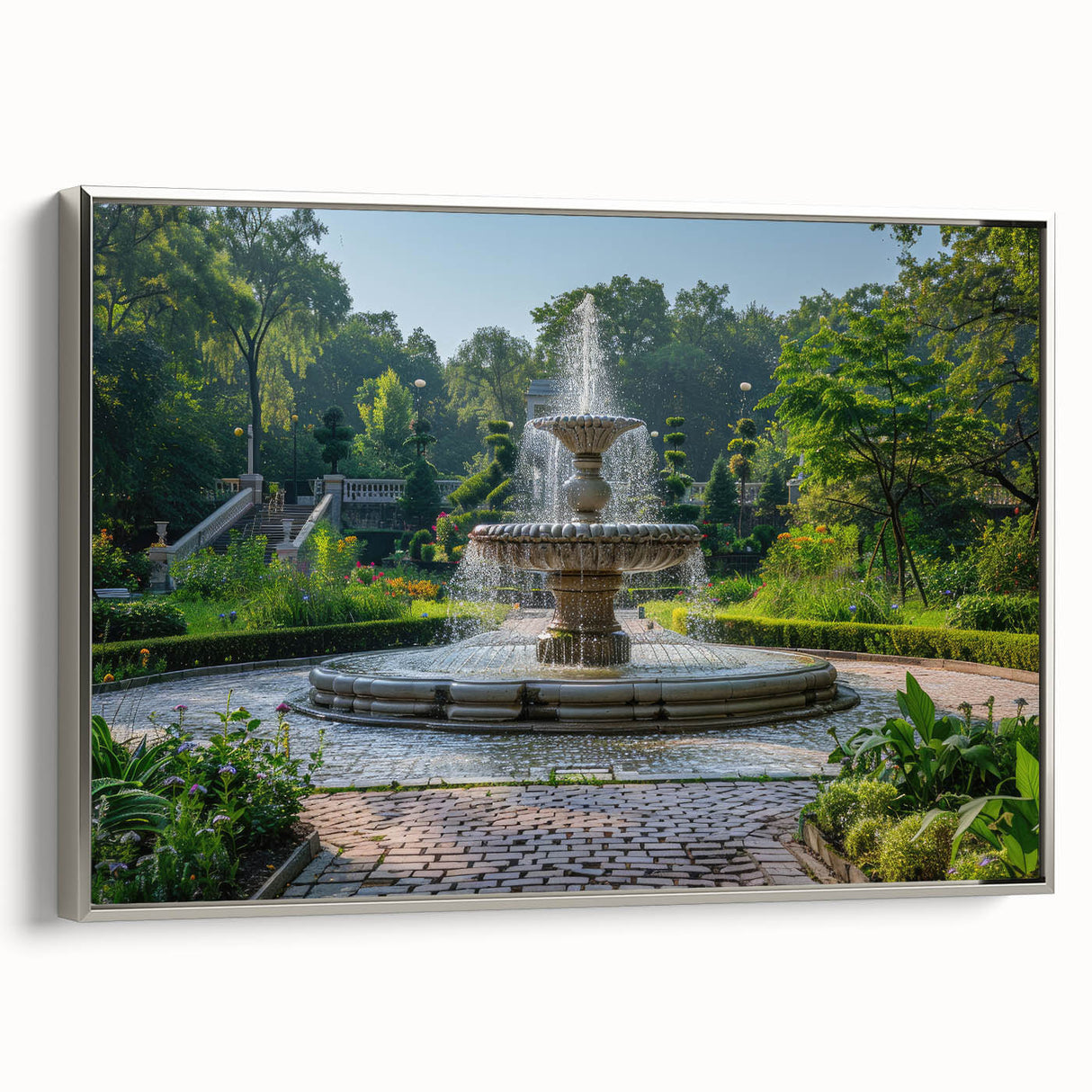 Framed canvas landscape art painting featuring a vintage-style fountain design with colorful and black elements.