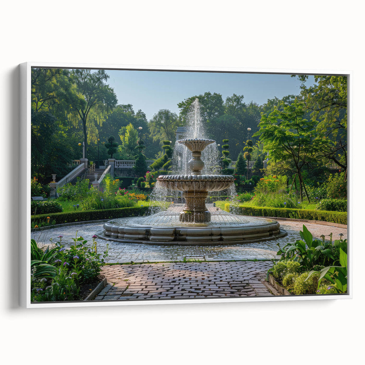 Vintage poster art of a fountain design on extra large framed canvas, featuring black and colorful art.
