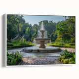 Vintage poster art of a fountain design on extra large framed canvas, featuring black and colorful art.