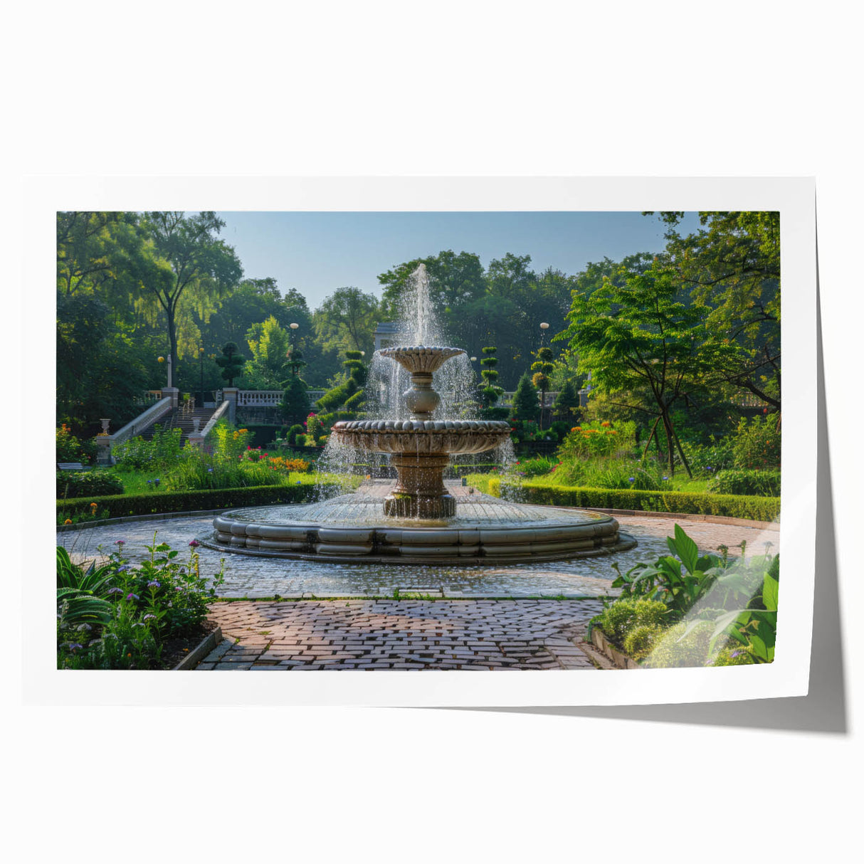 Extra large rolled print of a classical fountain design with floral elements, in soft pastel shades.