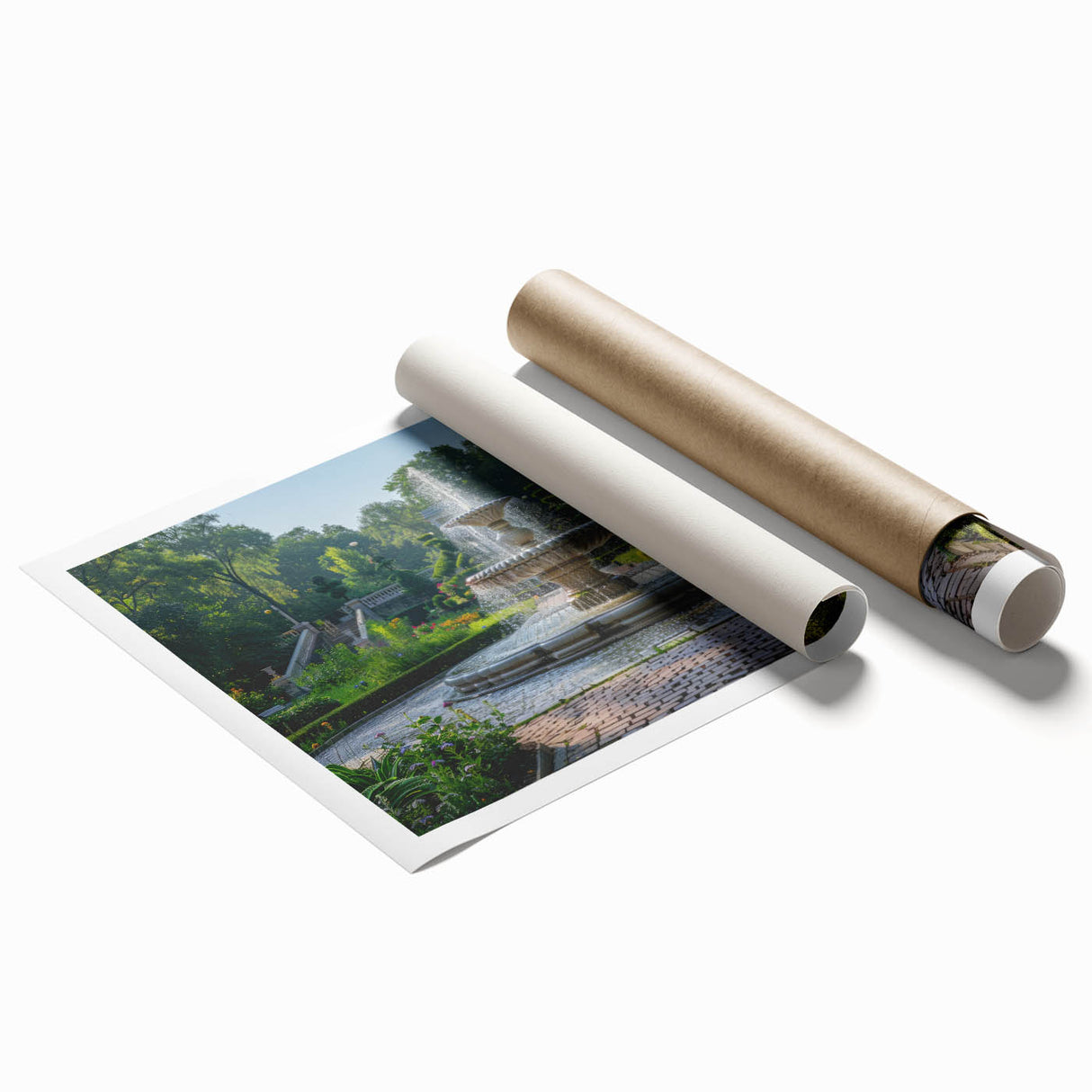 Extra large rolled print featuring a floral fountain design in muted pastel shades, ideal for classy bathroom wall art.