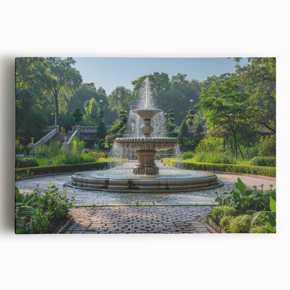 Black and white stretched canvas of a large architectural fountain design, ideal for kitchen wall art.