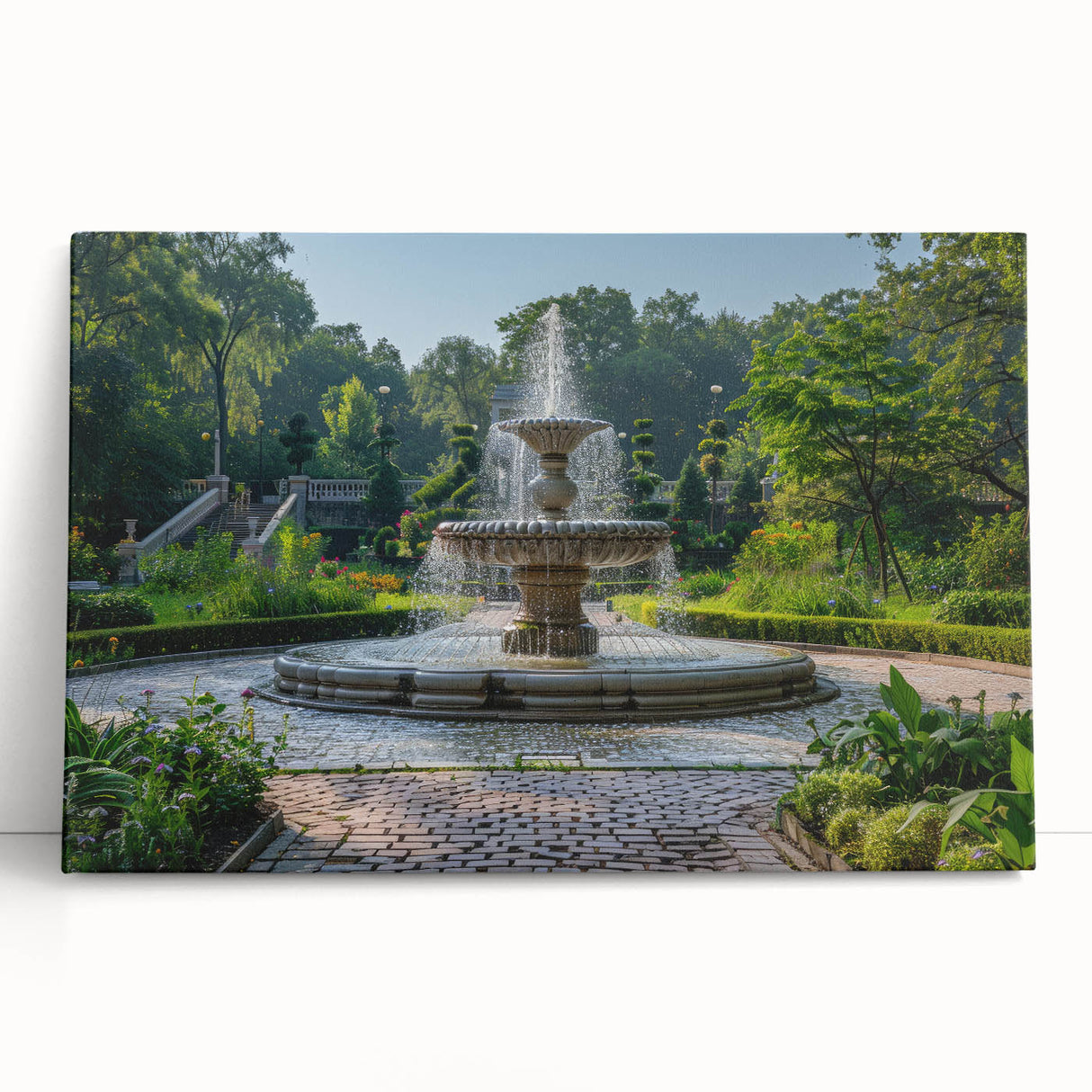 Black and white photo of an architectural fountain on stretched canvas, ideal for kitchen wall art or bedroom ambiance.