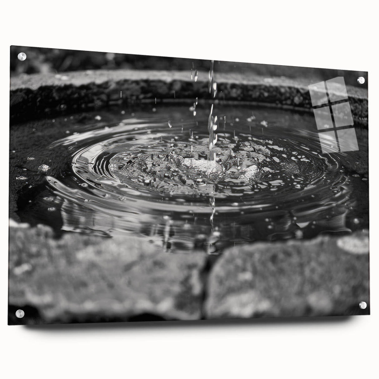 Abstract fountain design in muted blue and gray tones on acrylic glass, suitable for dining room or bedroom wall art.
