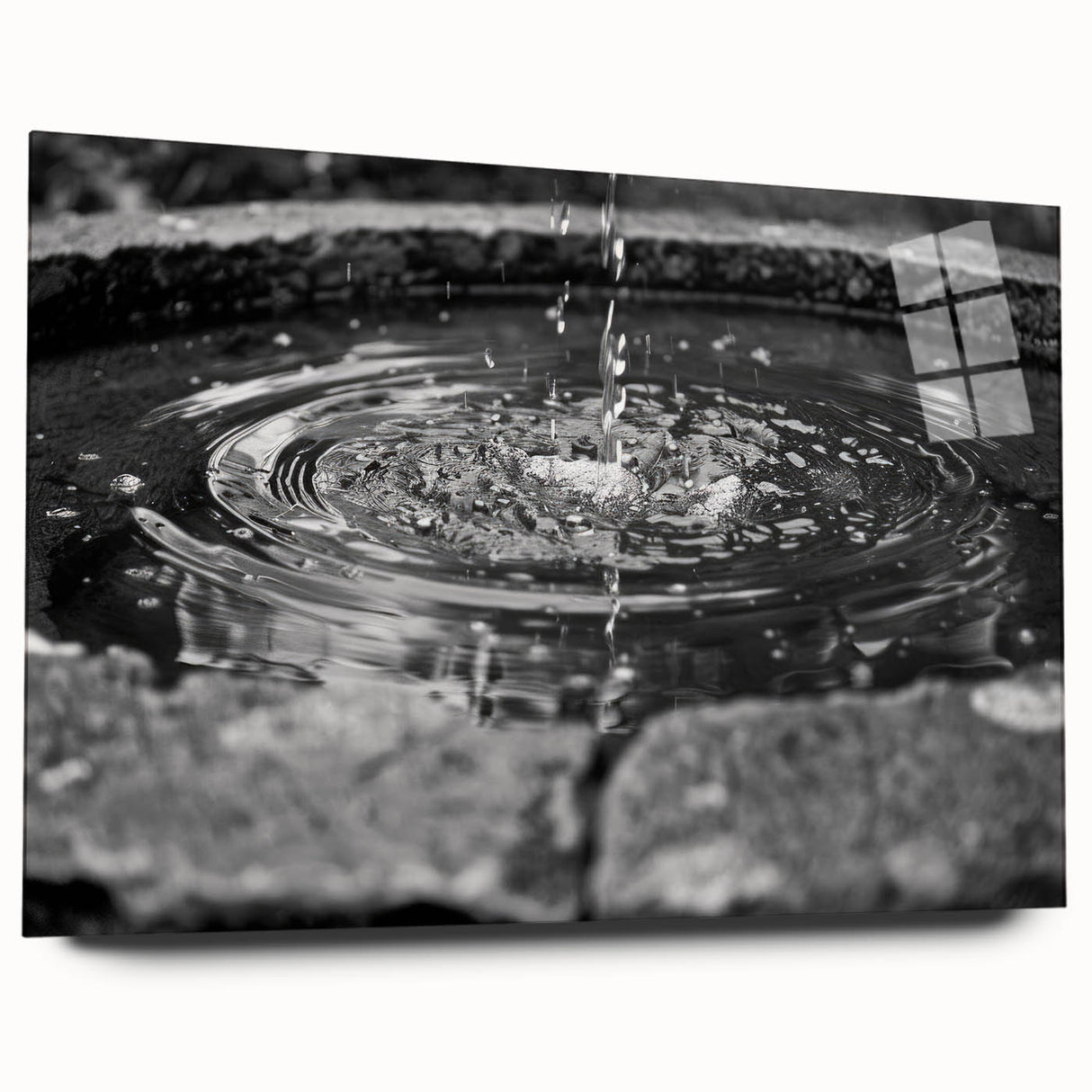 Large abstract wall art on acrylic glass depicting a modern fountain design in muted blue and gray tones.