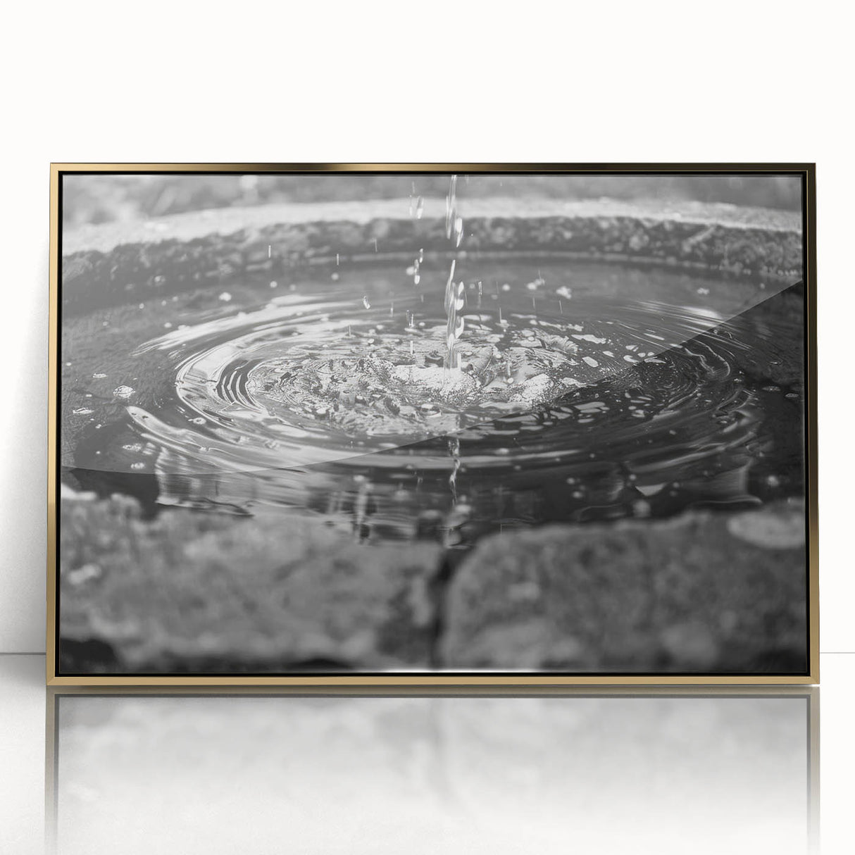 Mid-century modernist acrylic print of an architectural fountain design in gold tones, ideal for modern art wall decor.