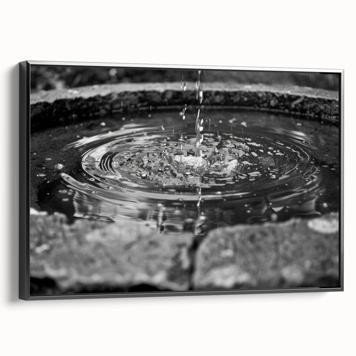Black and white framed canvas of a vintage landscape with a fountain, ideal for bedroom wall decor.