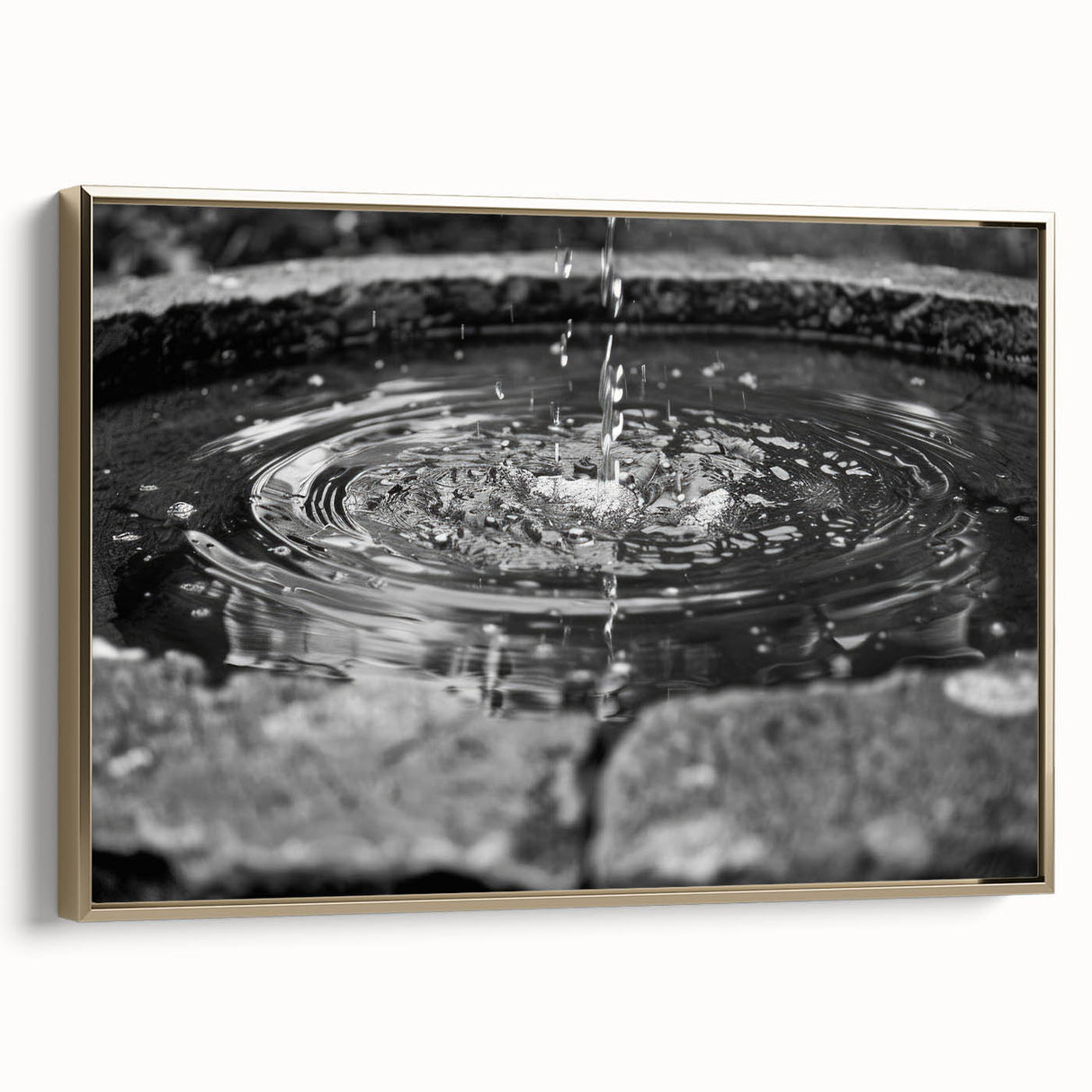 Framed canvas featuring a vintage poster art landscape with a fountain design in muted gold and black tones.