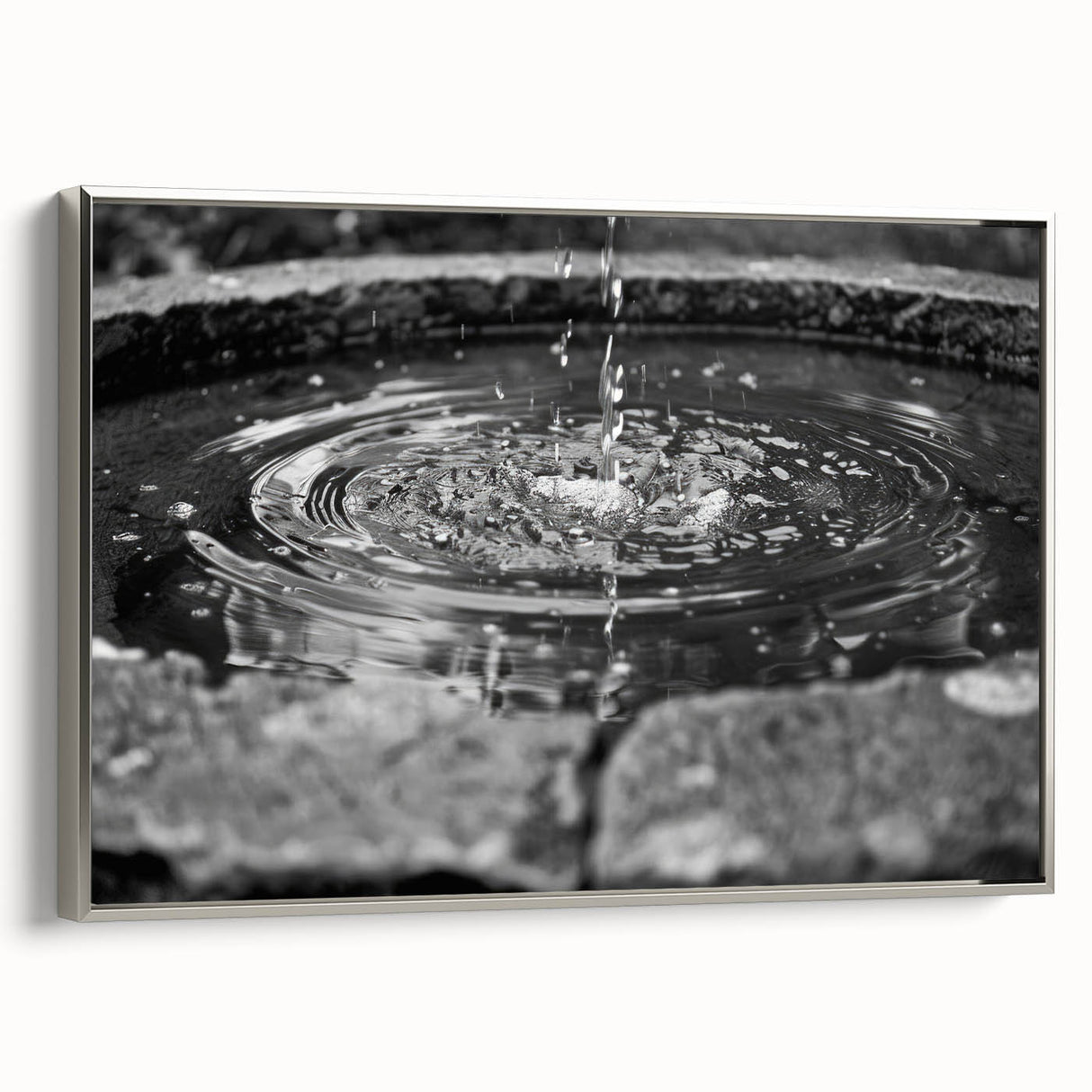 Framed canvas of a vintage-style landscape art painting featuring a black fountain design with colorful accents.