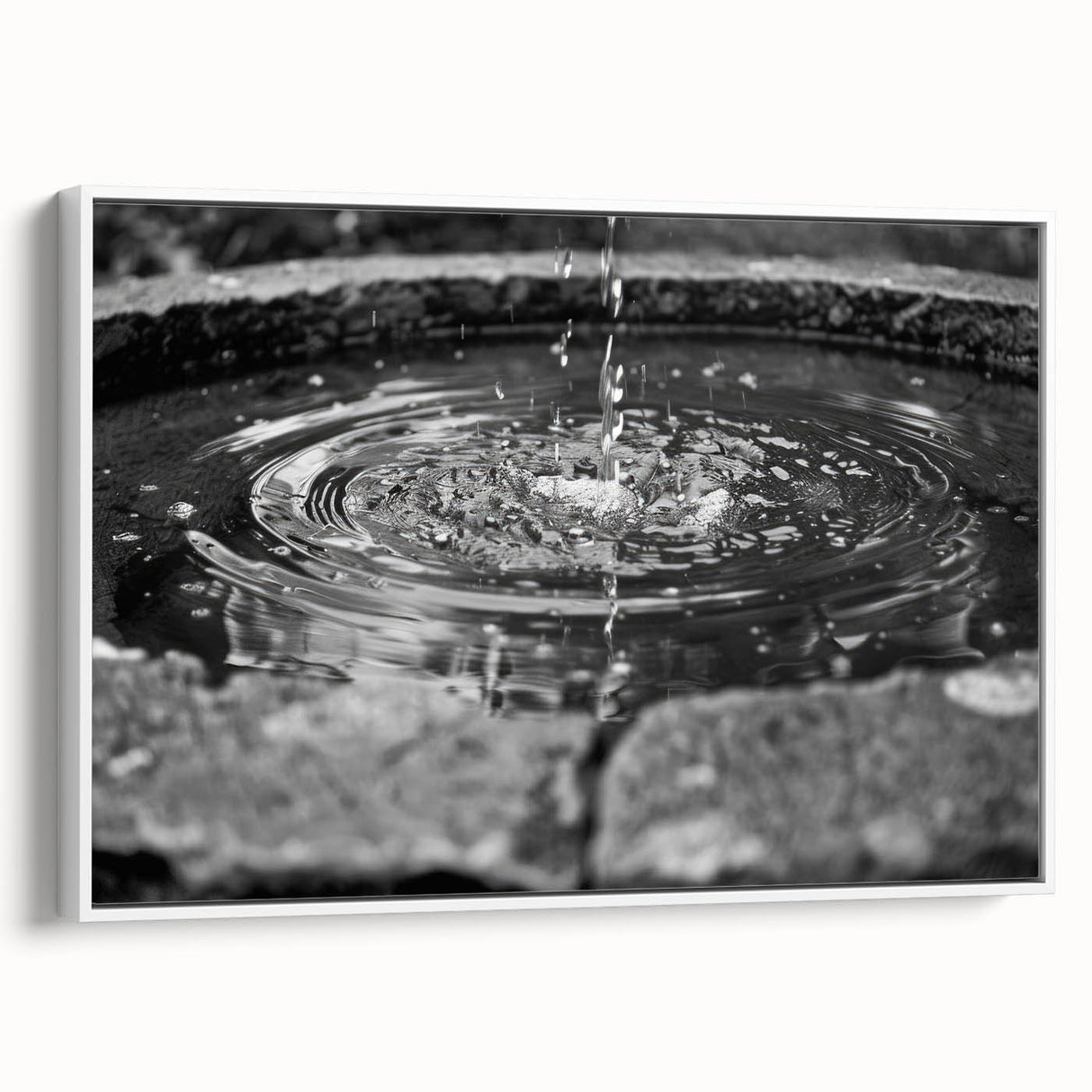 Vintage poster art of a fountain design on a framed canvas, featuring a monochrome black palette.