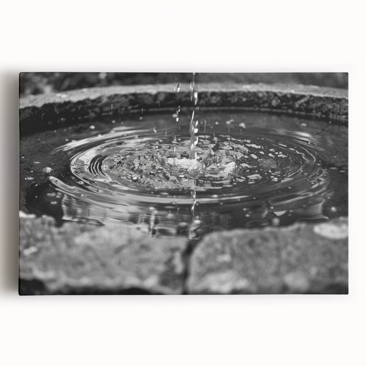 Large black and white photo of an architectural fountain design on stretched canvas, ideal for kitchen wall art.