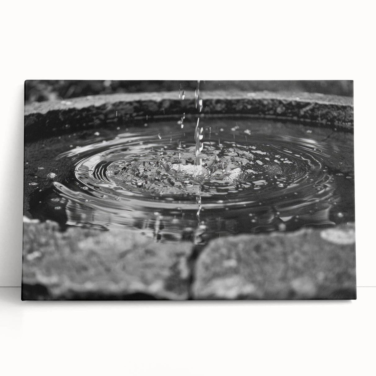 Black and white photograph of an architectural fountain on a stretched canvas, suitable as large kitchen or bedroom wall art.