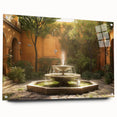 Large abstract wall art on acrylic glass depicting a stylized architectural fountain in muted blue and gray.