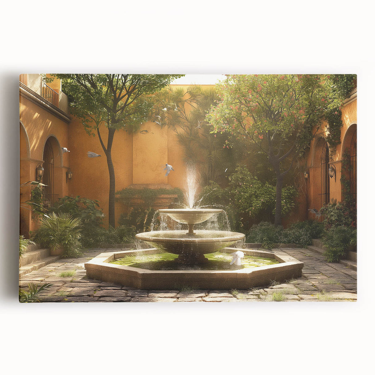 Black and white photo of an architectural fountain on stretched canvas, ideal for kitchen wall art.