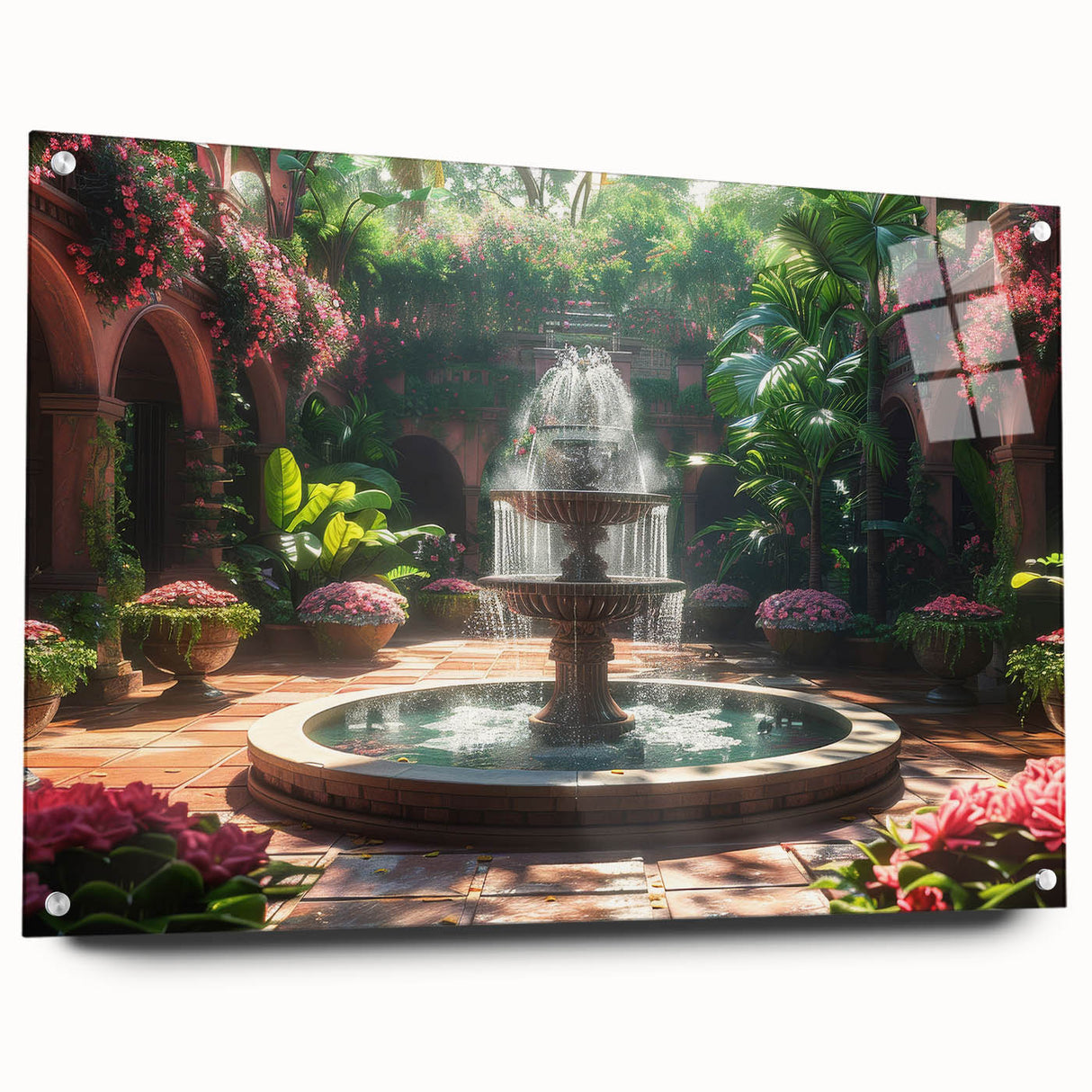 Large abstract wall art on acrylic glass depicting a fountain design in cool blue and gray tones.