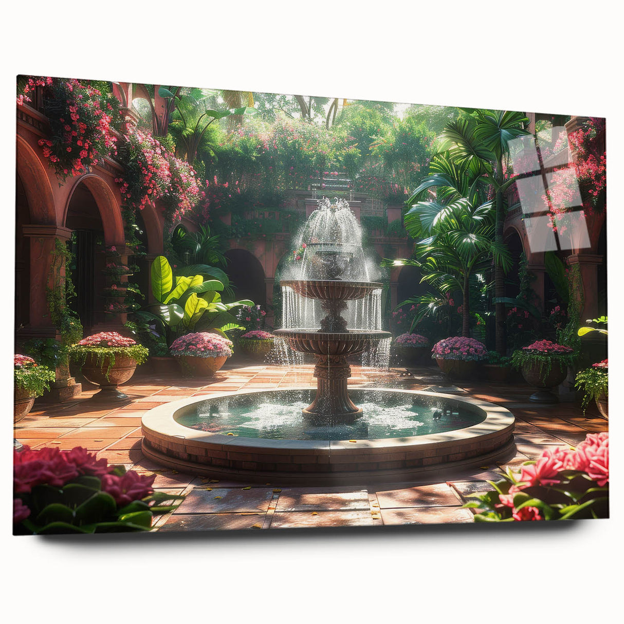 Large abstract wall art on acrylic glass depicting an architectural fountain, in cool blue and gray tones.