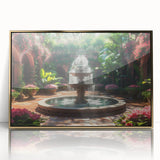 Mid-century modernist acrylic print of an architectural fountain design in gold tones, ideal for nursery wall decor.