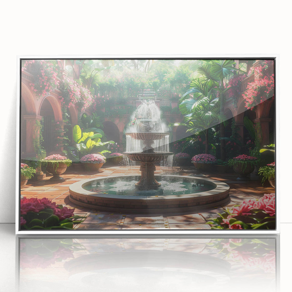 Art deco style poster of a geometric fountain design in muted gold and white tones, framed acrylic.